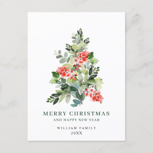 Holly Berry Christmas Tree Greeting Watercolor Holiday Postcard