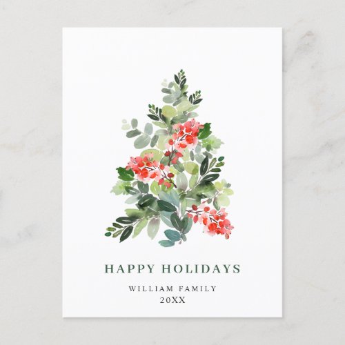 Holly Berry Christmas Tree Greeting Watercolor Holiday Postcard