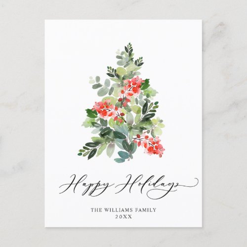 Holly Berry Christmas Tree Greeting Watercolor Holiday Postcard