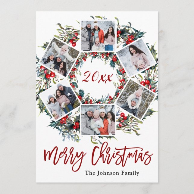 Holly Berry Christmas Wreath PHOTO Greeting Card (Front)