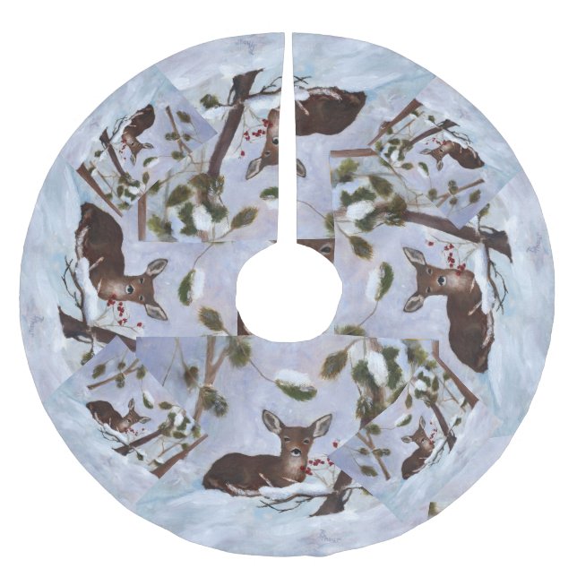 Holly Berry Deer Brushed Polyester Tree Skirt (Front)