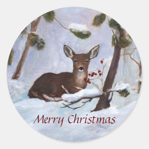 Holly Berry Deer Christmas Classic Round Sticker