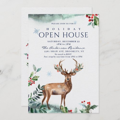 Holly Berry Deer Christmas Holiday Open House Invitation