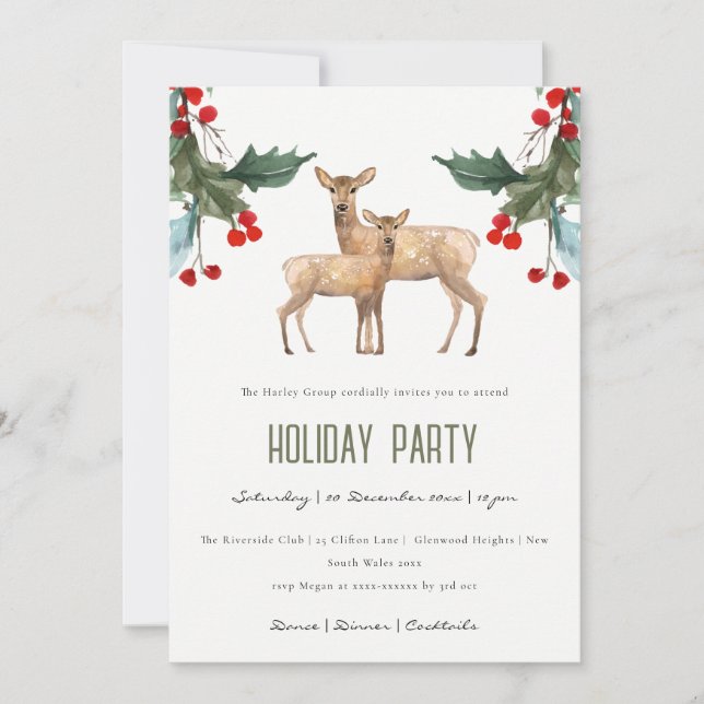 HOLLY BERRY DEER CORPORATE HOLIDAY PARTY INVITE (Front)