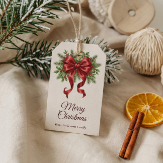 Holly Berry Elegant Merry Christmas Red Bow Gift Tags