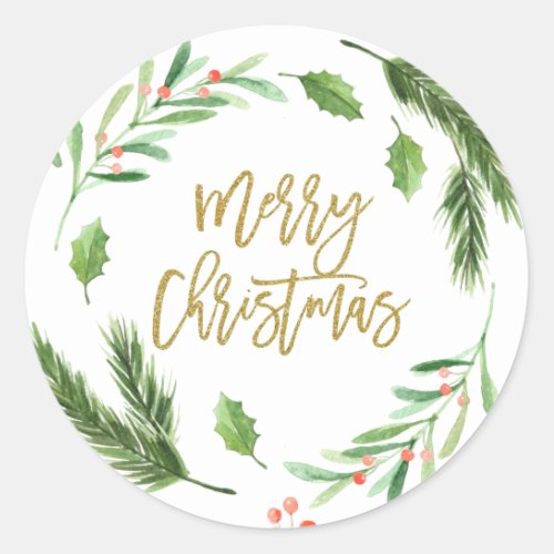 Holly Berry Foliage Watercolor Christmas Classic Round Sticker