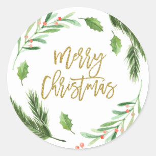 Holly Berry Foliage Watercolor Christmas Classic Round Sticker