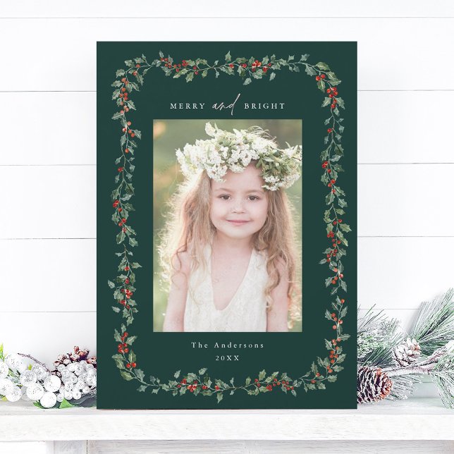 Holly Berry Frame Merry & Bright Photo Green Holiday Card (Creator Uploaded)
