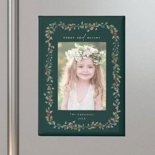 Holly Berry Frame Merry & Bright Photo Green Magnet