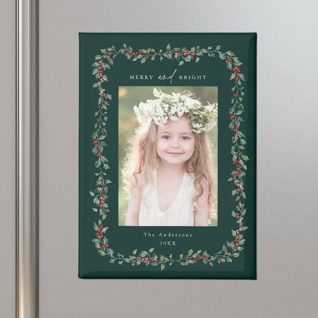 Holly Berry Frame Merry & Bright Photo Green Magnet (Creator Uploaded)