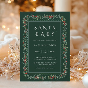 Holly Berry Frame Santa Baby Shower Forest Green  Invitation