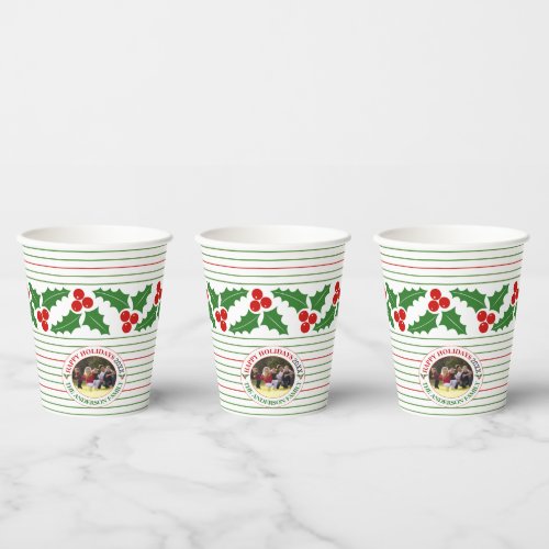 Holly berry garland red green stripes Christmas Paper Cups
