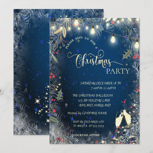 Holly Berry,Glass ,Lights Company Christmas Party Invitation (Front/Back)