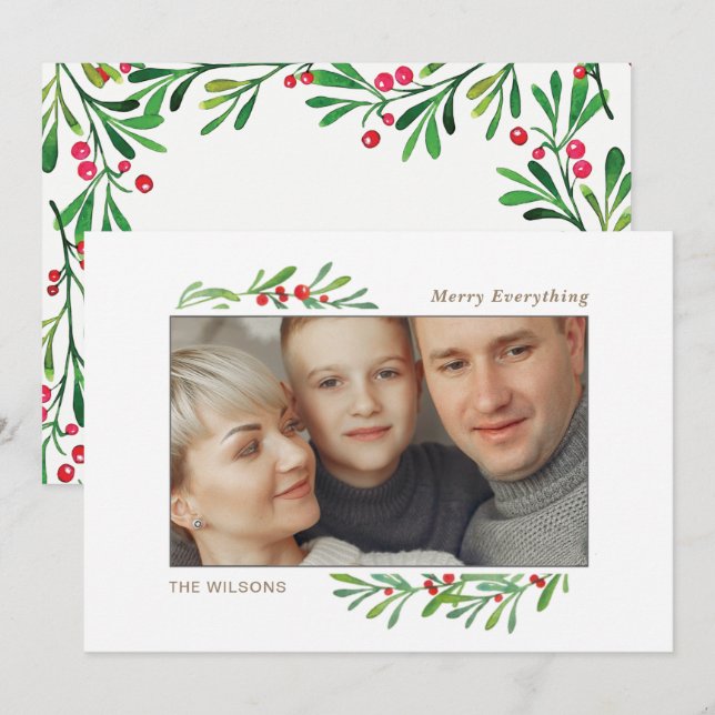 Holly Berry Gold Botanical Photo Holiday Card  (Front/Back)
