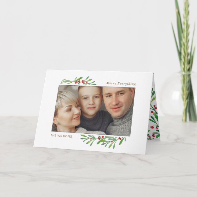 Holly Berry Gold Botanical photo Holiday Card (Front)