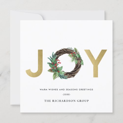 HOLLY BERRY GOLD JOY WREATH CHRISTMAS CORPORATE HOLIDAY CARD