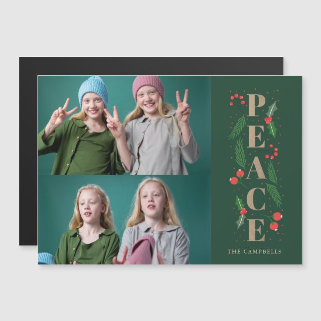Holly Berry Gold Peace Photo Holiday Magnetic Card (Front/Back)