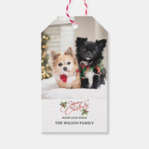 Holly Berry Gradient Red Script Christmas Photo Gift Tags