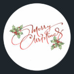 Holly Berry Gradient Red Script Merry Christmas Classic Round Sticker<br><div class="desc">"‘Merry Christmas’ displayed in an elegant script with a red gradient,  adorned with vintage holly berries at the corners. The text can be customized to fit your needs."</div>