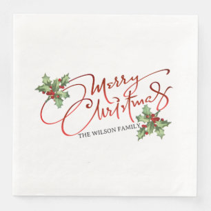 Holly Berry Gradient Red Script Merry Christmas Paper Dinner Napkins