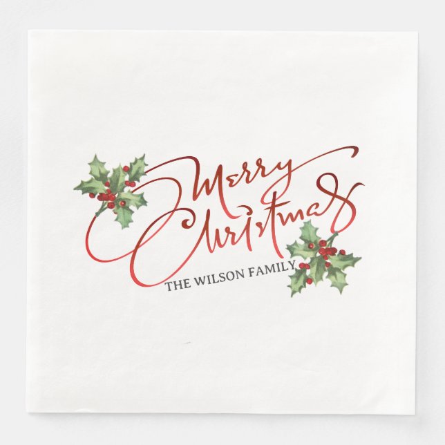 Holly Berry Gradient Red Script Merry Christmas  Paper Dinner Napkins (Front)
