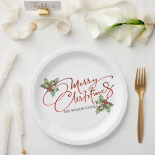 Holly Berry Gradient Red Script Merry Christmas Paper Plates