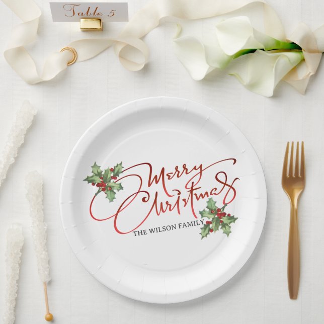 Holly Berry Gradient Red Script Merry Christmas  Paper Plates (Wedding)