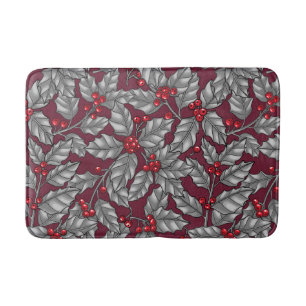 Holly berry, gray leaves on dark red bath mat