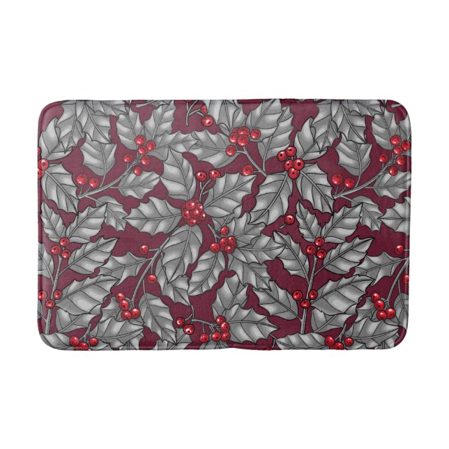 Holly berry, gray leaves on dark red bath mat (Front)