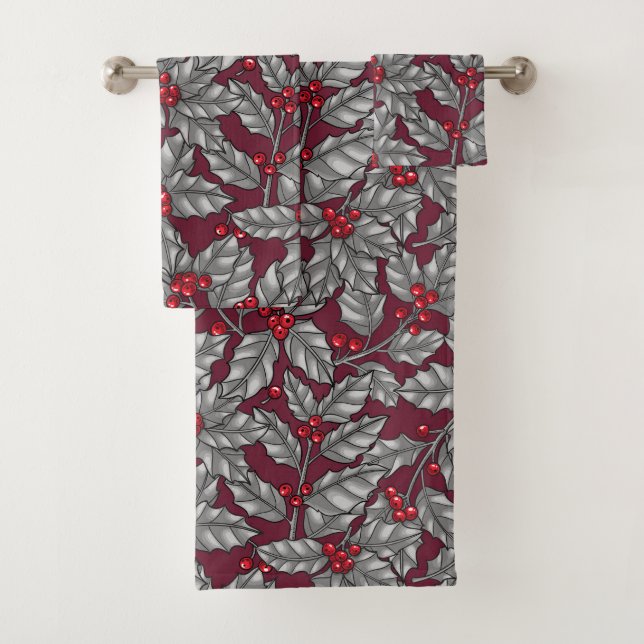 Holly berry, gray leaves on dark red bath towel set (Insitu)