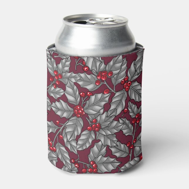 Holly berry, gray leaves on dark red can cooler (Can Front)