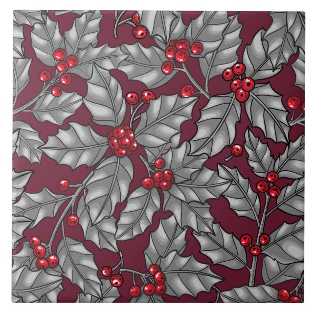 Holly berry, gray leaves on dark red ceramic tile (Front)
