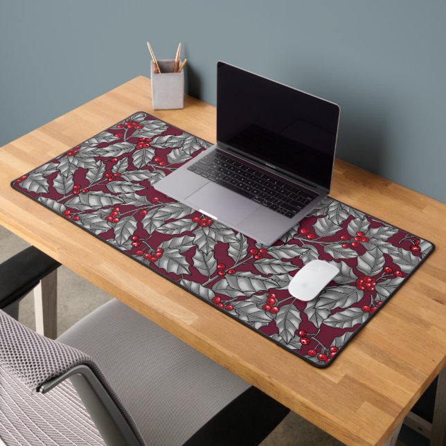 Holly berry, gray leaves on dark red desk mat (Office 2)