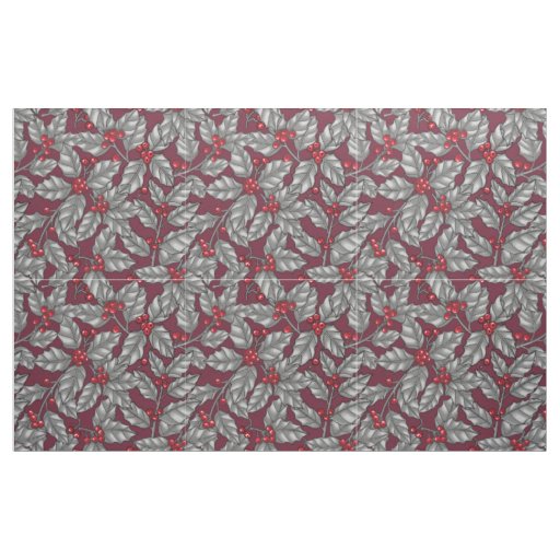 Holly berry, gray leaves on dark red fabric