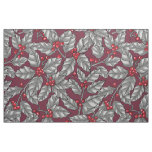 Holly berry, gray leaves on dark red fabric
