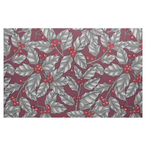 Holly berry, gray leaves on dark red fabric