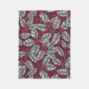 Holly berry, gray leaves on dark red fleece blanket