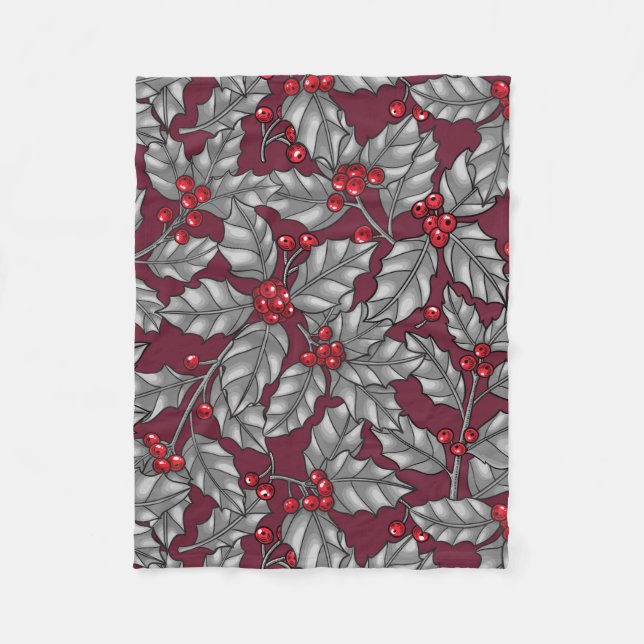Holly berry, gray leaves on dark red fleece blanket (Front)