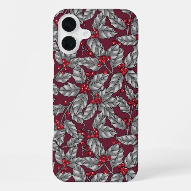 Holly berry, gray leaves on dark red iPhone case (Back)