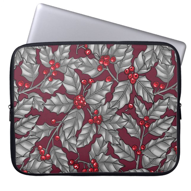 Holly berry, gray leaves on dark red laptop sleeve (Front)