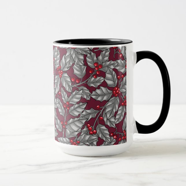 Holly berry, gray leaves on dark red mug (Right)