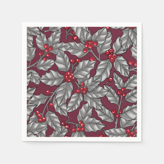 Holly berry, gray leaves on dark red napkins (Front)