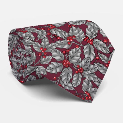 Holly berry gray leaves on dark red neck tie