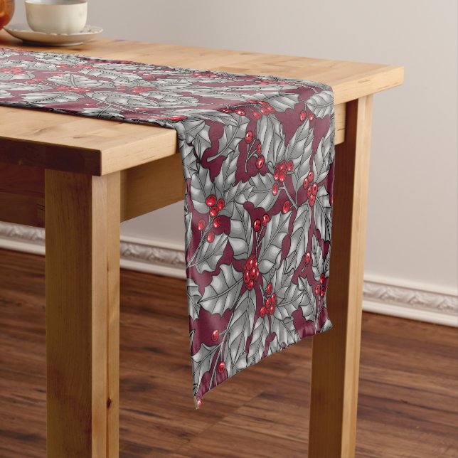 Holly berry, gray leaves on dark red short table runner (In Situ)