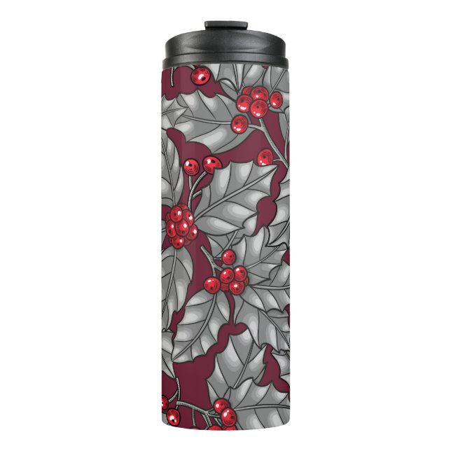 Holly berry, gray leaves on dark red thermal tumbler (Front)