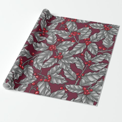 Holly berry gray leaves on dark red wrapping paper