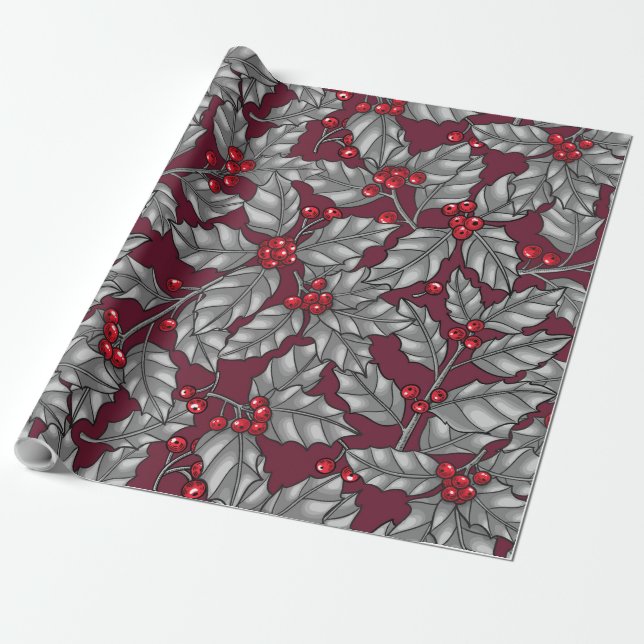 Holly berry, gray leaves on dark red wrapping paper (Unrolled)