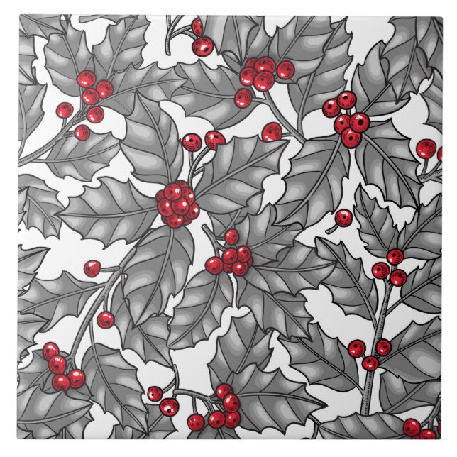 Holly berry, gray leaves on white ceramic tile (Front)