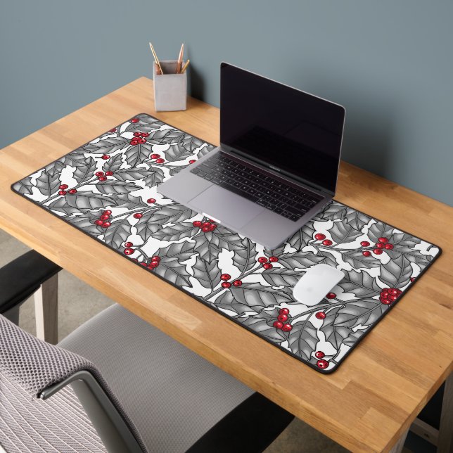 Holly berry, gray leaves on white desk mat (Office 2)