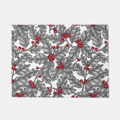 Holly berry gray leaves on white doormat